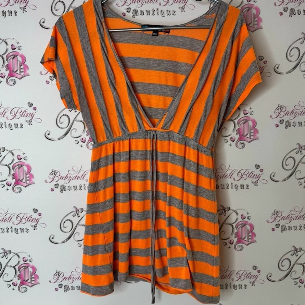 Lagaci sport Orange and Gray Striped V-Neck Top ribbon bow tie up
